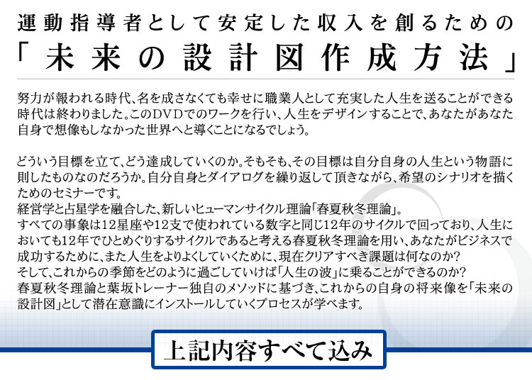 商品1(DVD2枚組):運動指導者として安定した収入を創るための「未来の設計図作成方法」